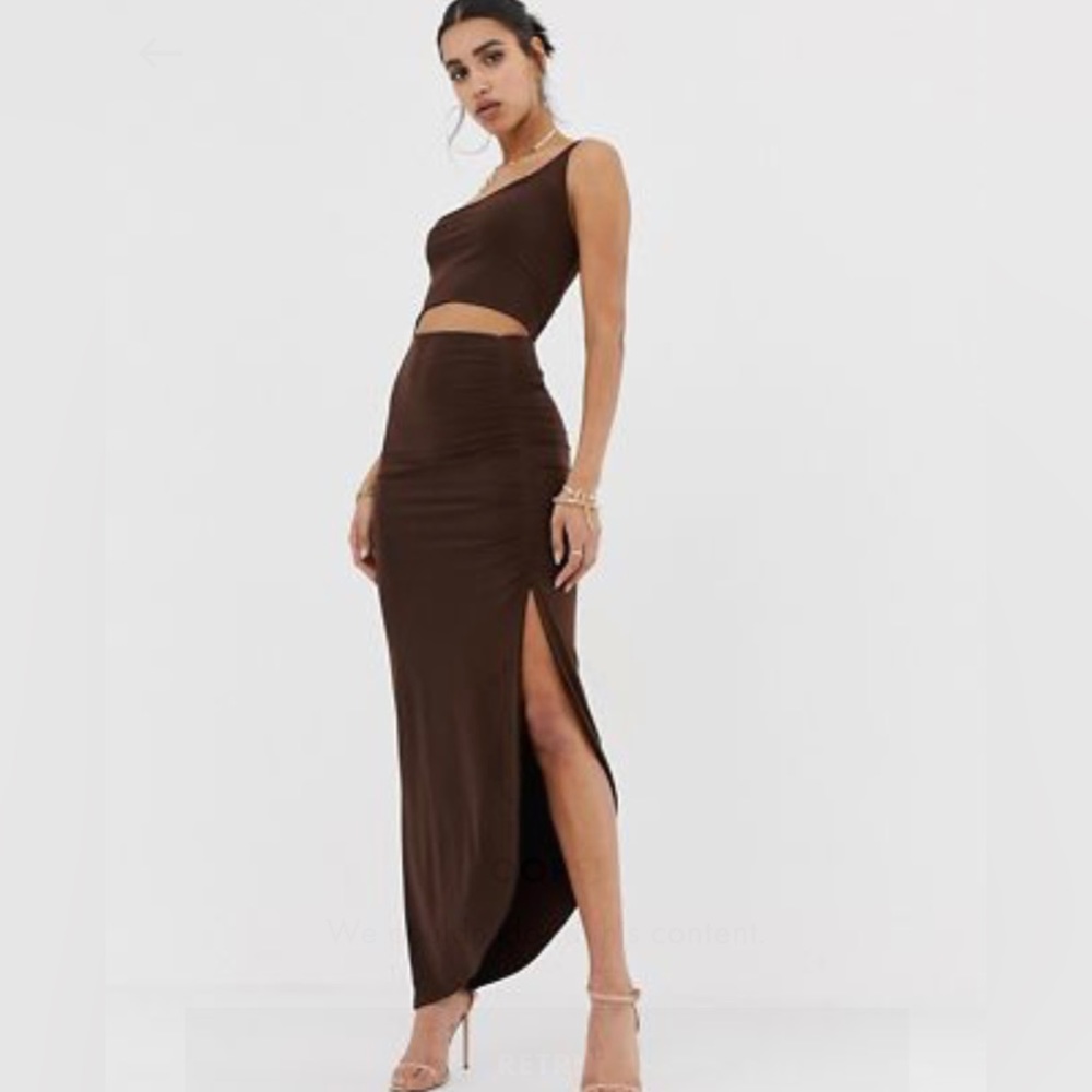Chocolate one shoulder dress with cutout midi with ruched side slit
